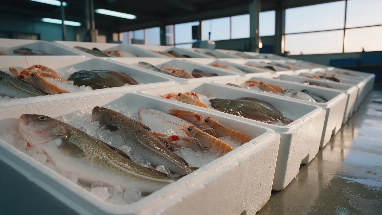 Lådor med färsk fisk och havskräftor på is på fiskauktionen