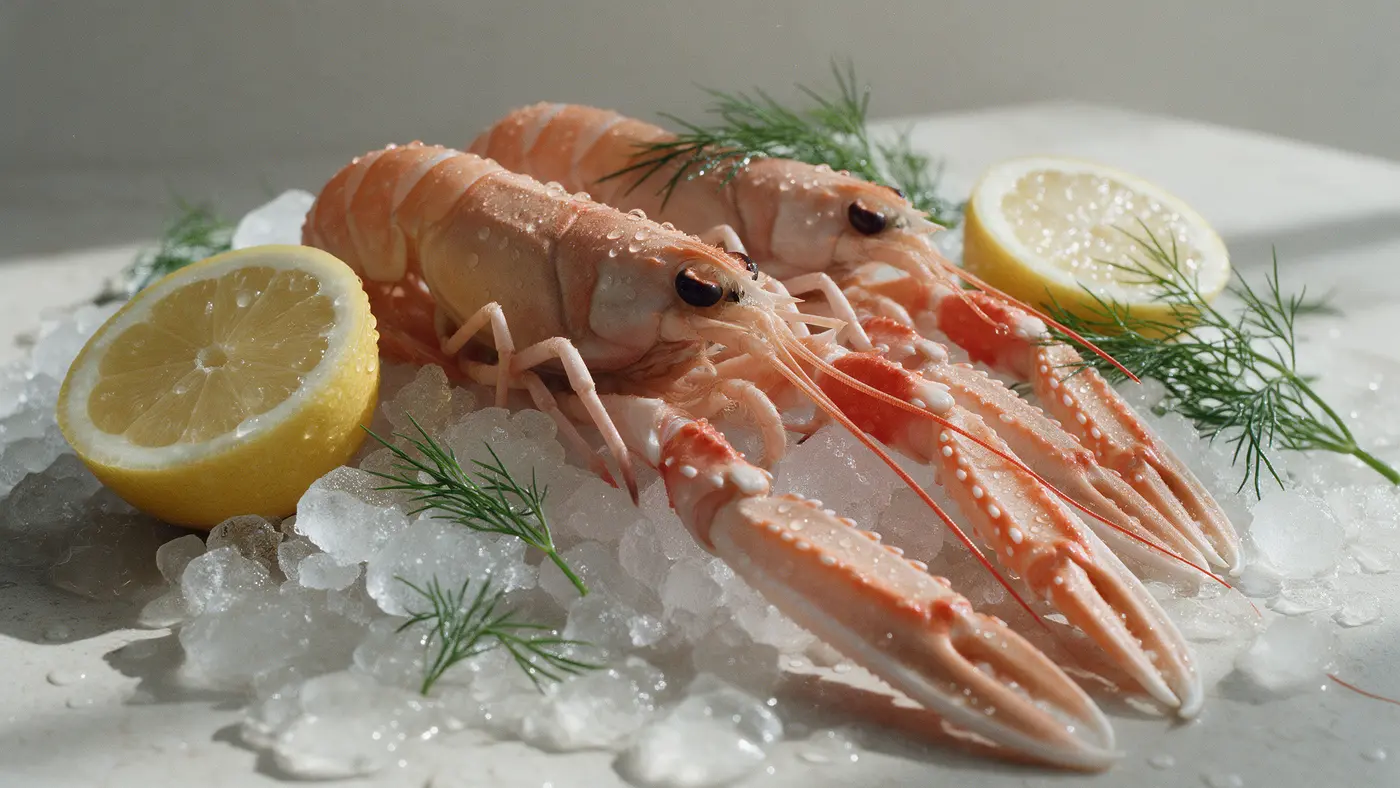 Färska havskräftor på is med citron och dill